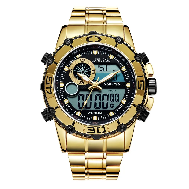 Мужские спортивные часы, цифровые кварцевые Многофункциональные мужские часы из нержавеющей стали, Брендовые мужские наручные часы AMUDA, водонепроницаемые мужские часы - Цвет: Золотой