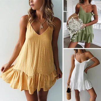 

Summer Streetwear Women Dress 2019 New Solid Color Spaghetti Strap Mini Dress Elegant Beach Dress Sexy White Yellow Party Dress