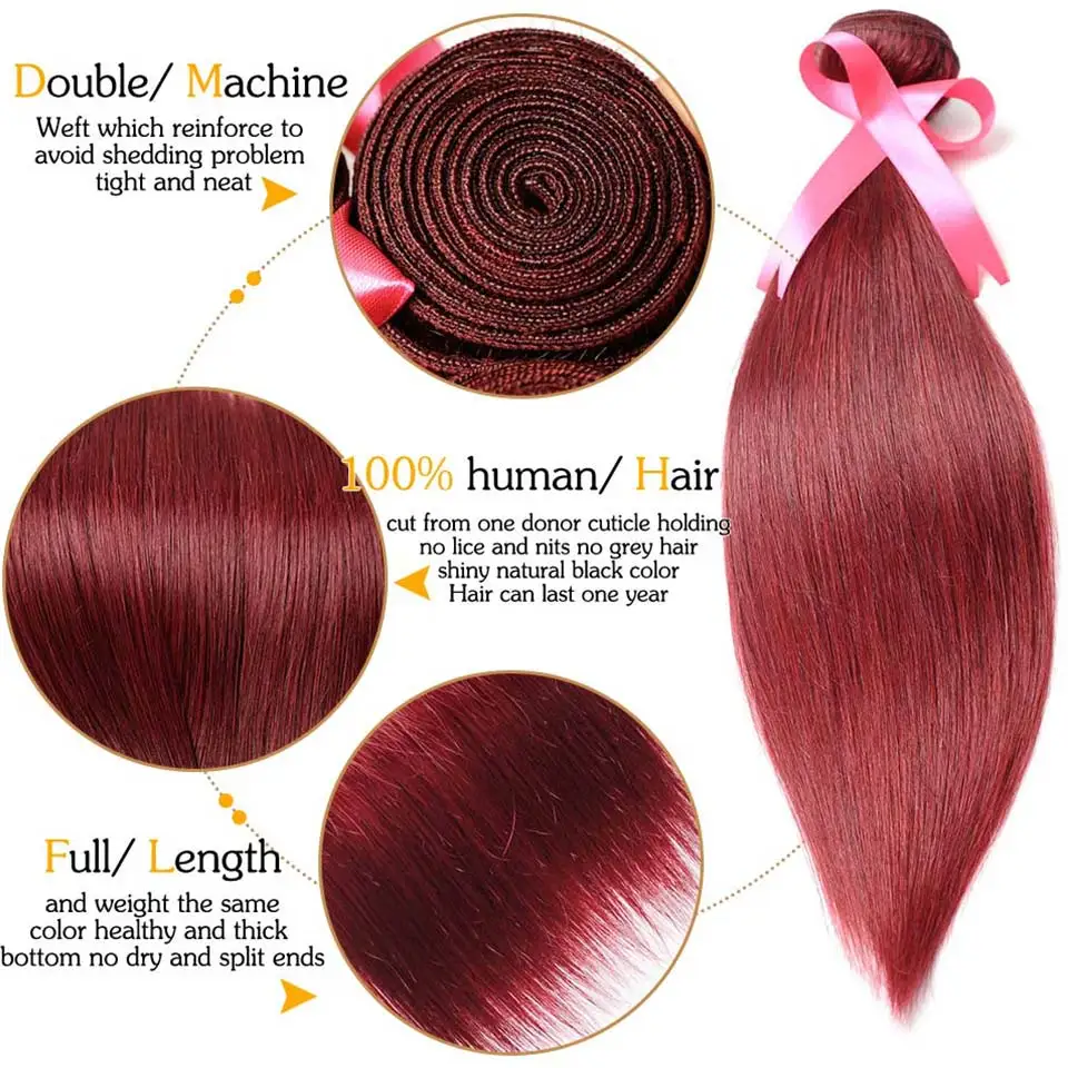 Красные 99J пучки с закрытием бордовые прямые бразильские человеческие волосы плетение 3 пучка с закрытием Pinshair NonRemy волосы не запутываются