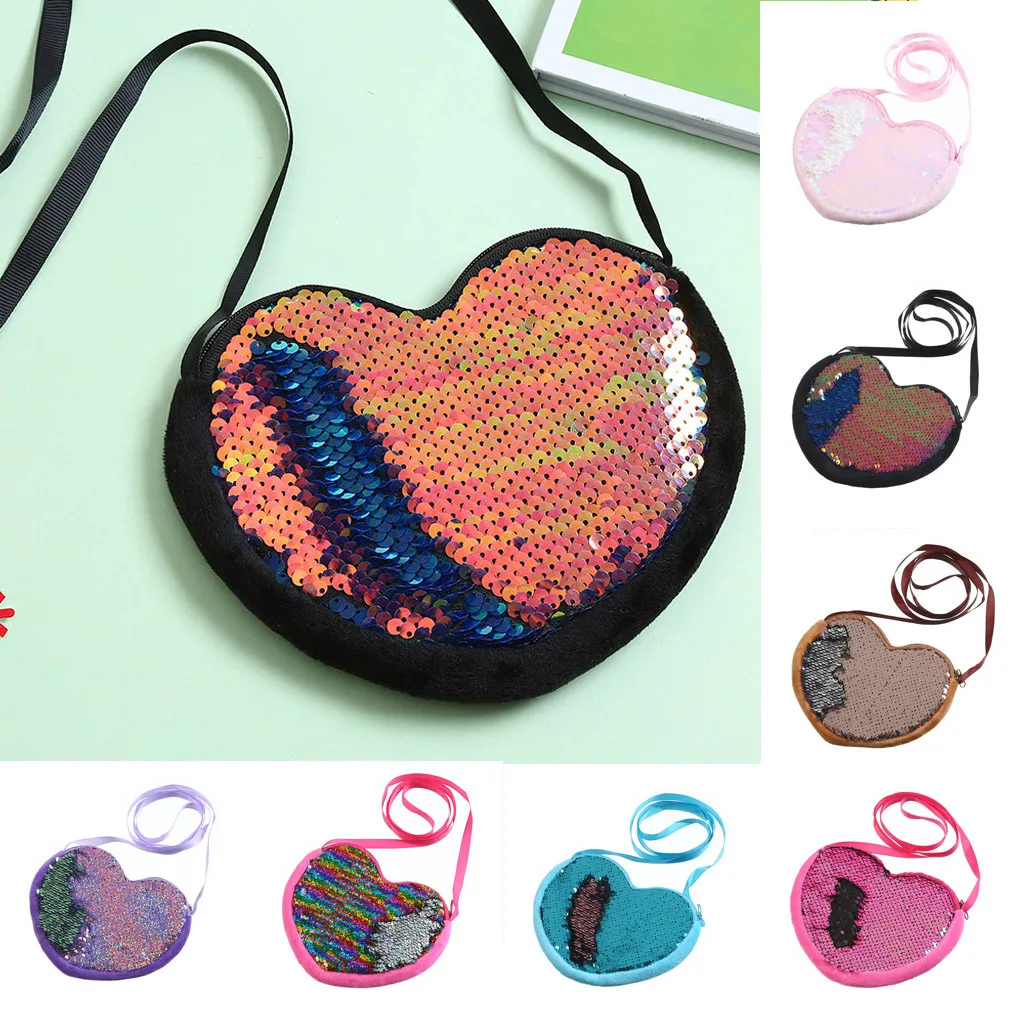 

Cartoon Children Bag Cute Girl Love Shoulder Bag Heart-shaped Sequins Purse Clutch Woman Wallet Burse Notecase Dropshipping