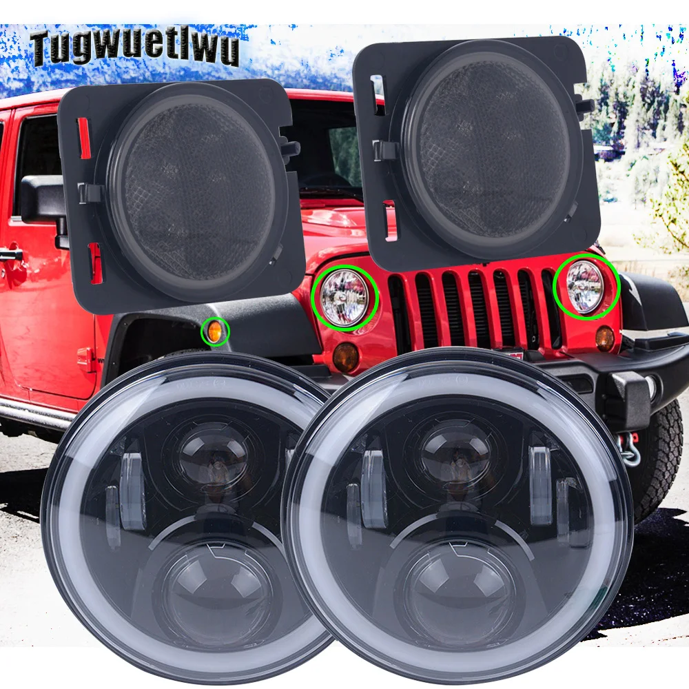7inch LED Headlights drl turn signal headlight Car Led Fender Flares Lights side lamp for Jeep Wrangler JK 2007-2015 | Автомобили и
