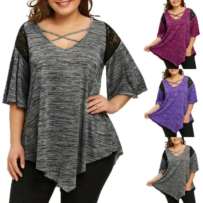 

KANCOOLD tops high quality Fashion Plus Size Flare Sleeve Top Asymmetrical Tunic Lace t-Shirt summer tops for women 2018MA7