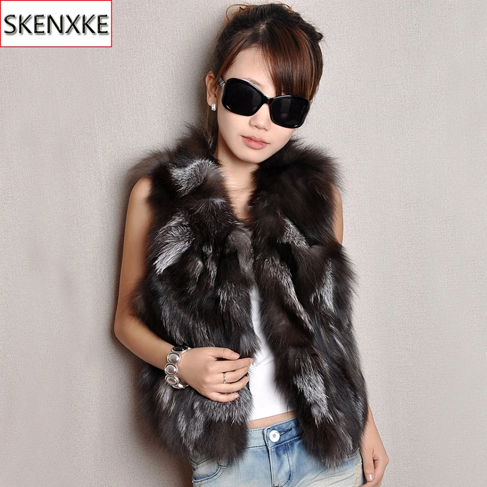 

Hot Sale Women Autumn Winter Genuine Real Sliver Fox Fur Vest 100% Real Natural Fox Fur Sleeveless Coat Lady Real Fox Fur Gilet