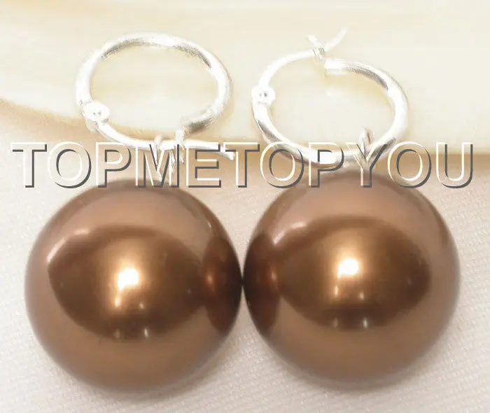 

Free shipping hot sale Women Bridal Wedding Jewelry >>>AAA Dangle big 20mm coffee round sea shell pearls earring 925sc E51