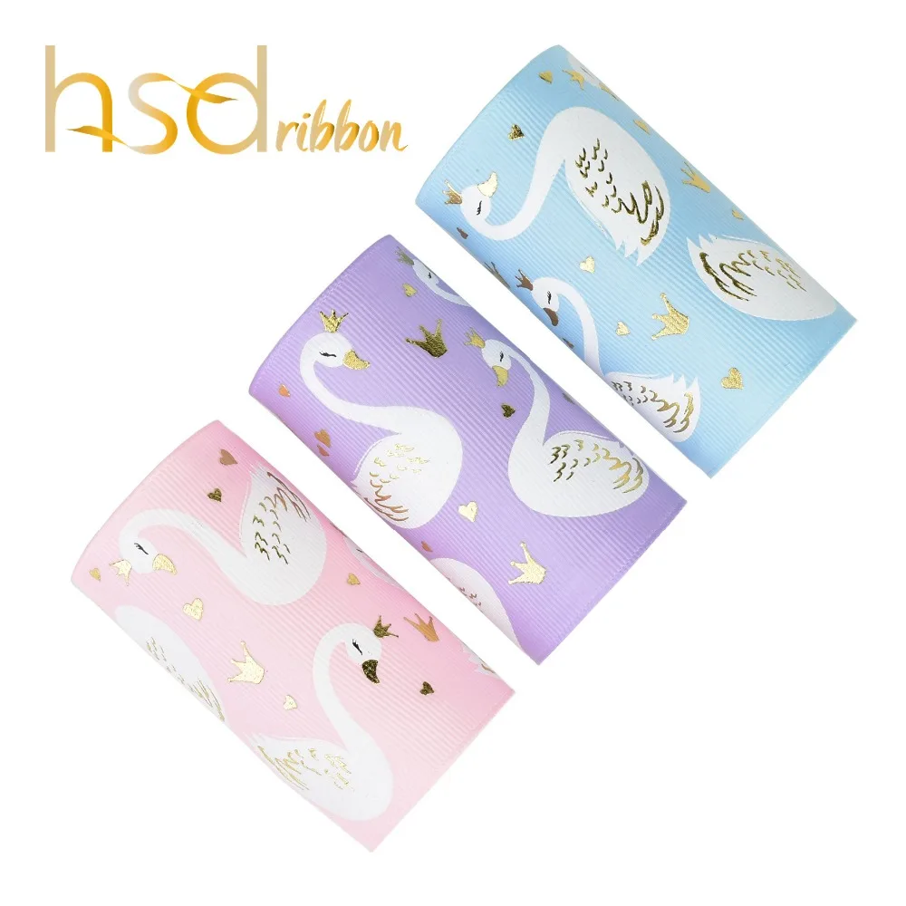 

HSDRibbon Designer custom 75MM 3inch Swan ink with gold foil on Solid Grosgrain Ribbon 50 Yards/Roll