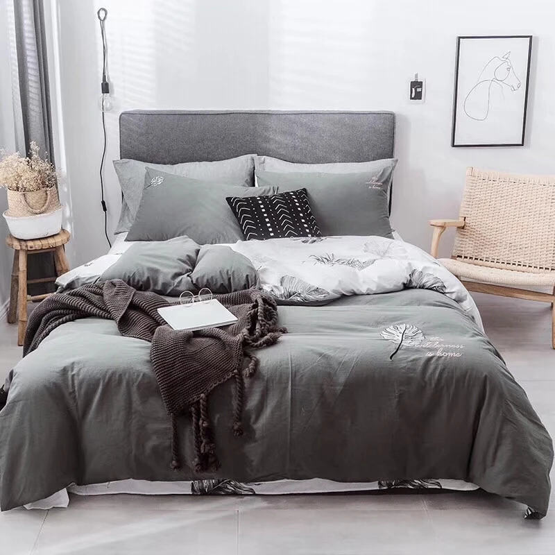 

embroidered simple modern style bedding set 100% Yarn Dyed Washed Cotton duvet cover set soft sheet linen bed set ropa de cama