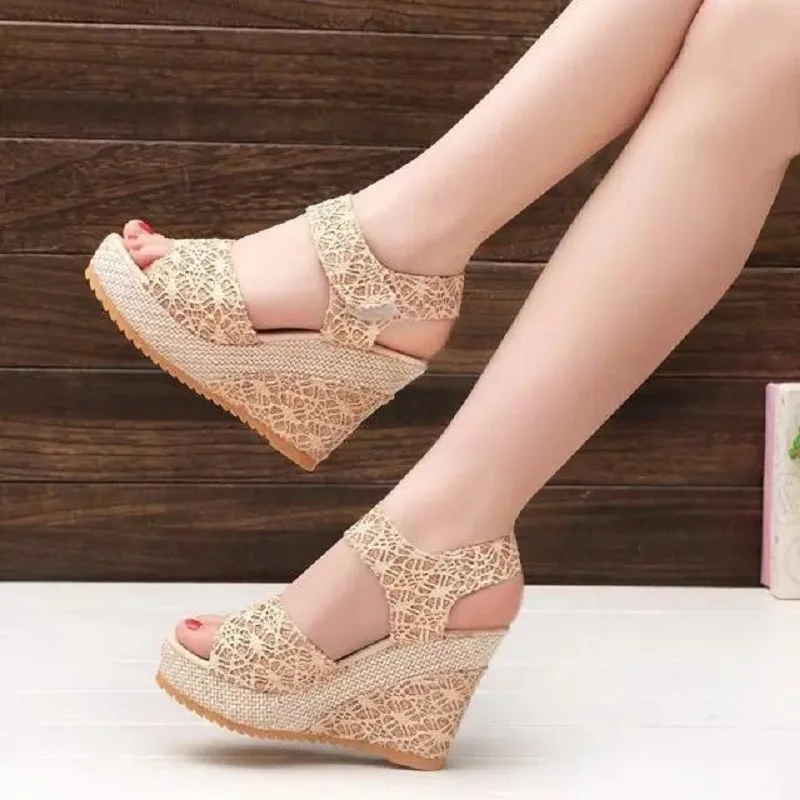 

DAFENP Sandals Women Summer Fashion Lace Hollow Gladiator Wedges Shoes Woman Slides Peep Toe Solid Lady Casual Women Shoes