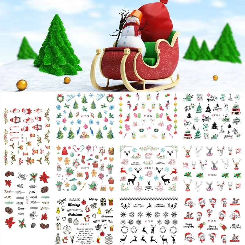 

11sheets/lot 3D Nail Art Stickers Tips Wraps Colorful Santa Claus Snowflake Moose Christmas Tree Nails Adhesive Decor E875-885