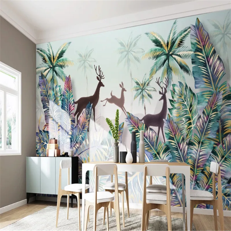 Custom 3d wallpaper mural hand-painted Nordic forest animal tropical plant landscape wall - high-grade waterproof material Custom 3d wallpaper mural hand-painted Nordic forest animal tropical plant landscape wall - high-grade waterproof material