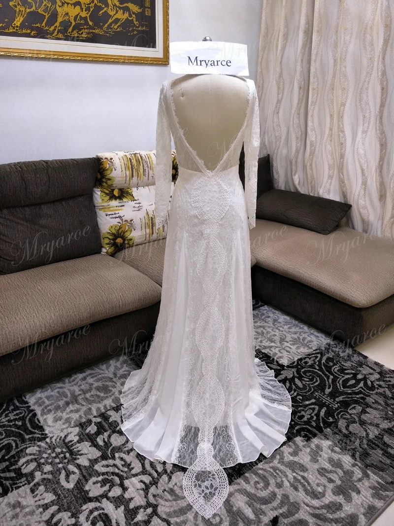 Lace Bohemian Wedding Dresses Unique French Lace Long Sleeve Boho Wedding Dress Open Back Bridal Gowns vestido de noiva 2017 (6)