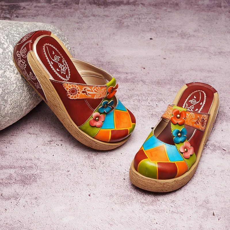 

JELLYFOND Vintage Flower Slippers Women Genuine Leather Shoes Handmade Slides Flip Flops Platform Clogs for Women Woman Slippers