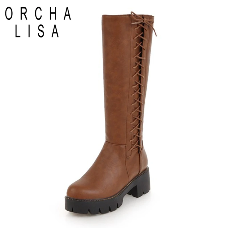 

ORCHA LISA Women Knee High Boots Cross Strap Zipper Winter Shoes Women Fur Fashion Platform Thick High Heels Botas Mujer C866