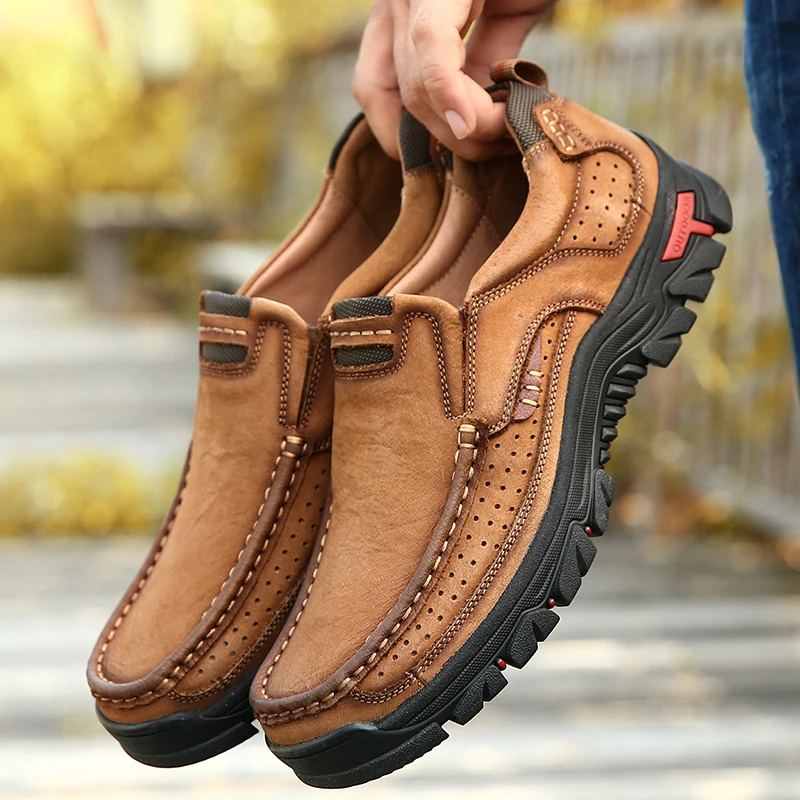 

2019 Hot Men Comfortable Non-slip Hiking Shoes First Layer Cowhide Leather Sneakers Men Breathable Hiking Boots Big Size 38-48