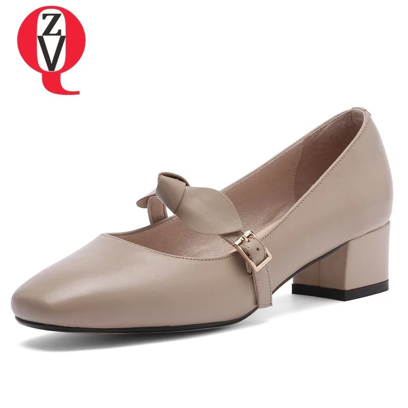 

ZVQ shoes women 2019 spring newest sweet bowtie square toe genuine leather women pumps outside buckle shallow shoes size 33-40