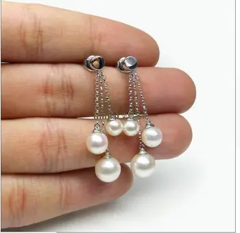 

Free Shipping Elegant 5-8mm White Genuine Akoya Pearl Triple Drop Earrings 9K Solid White Gold