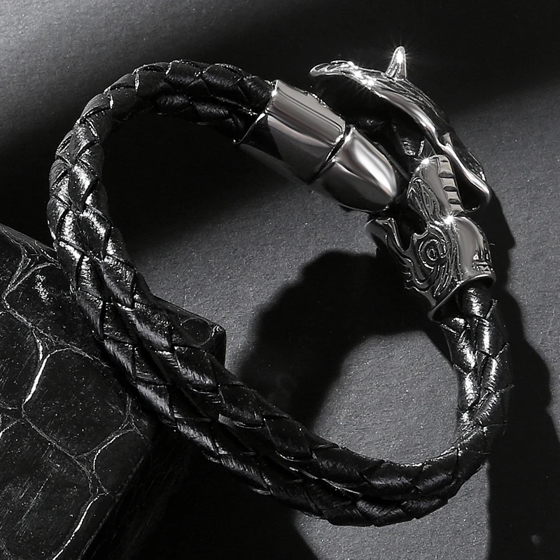 MOZO FASHION 2020 Men Jewelry Black Genuine Leather Bracelet Stainless Steel Punk Ferocious wolf Charm Bracelets Women Gift 543