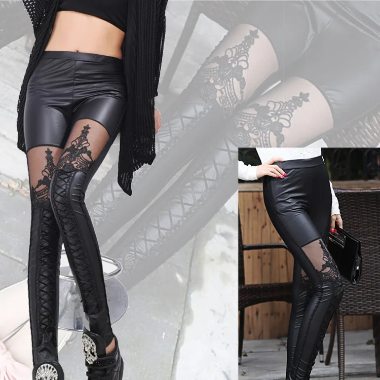 Черный Legins панк готический модные женские туфли Леггинсы Сексуальная PU кожа шить вышивка кружевное леггинсы для Для женщин леггинсы