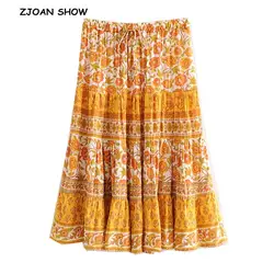 2019 новая богемная оранжевая желтая Цветочная длинная юбка с принтом женская Плиссированная Юбка-миди со шнуровкой