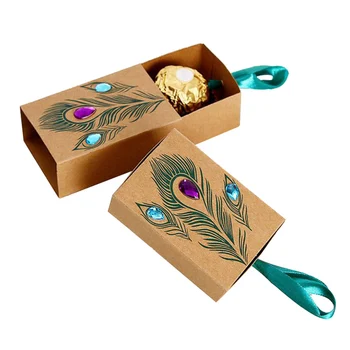 

50pcs Peacock Feather Candy Boxes Drawer Design Wedding Kids Birthday Favors Faux Rhinestone Kraft Paper Gift Boxes