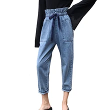 Харадзюку, джинсовые штаны с галстуком-бабочкой, Осенние, с оборками, с высокой талией, узкие, широкие, джинсы для женщин, свободные, повседневные, джинсовые штаны-шаровары, уличная одежда