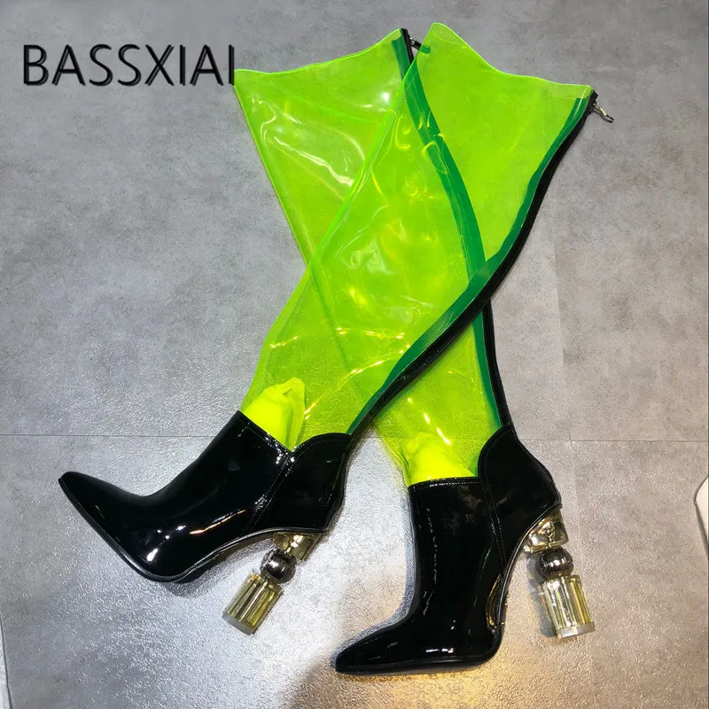 

2019 Yellow Blue Pvc Transparent Over The Knee Boots Women Pointed Toe Metal Strange Crystal Heel Shoes Women Sexy Knight Boots