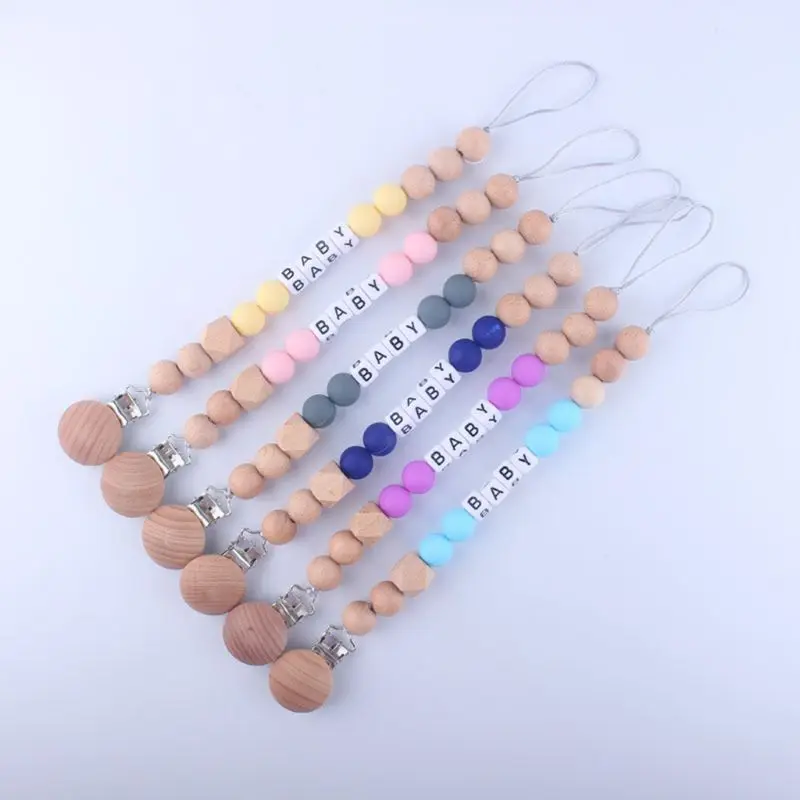 

Baby Pacifier Chain Infant Products Wood Silicone Nipple Clip Beaded Anti-chain Soother Teether