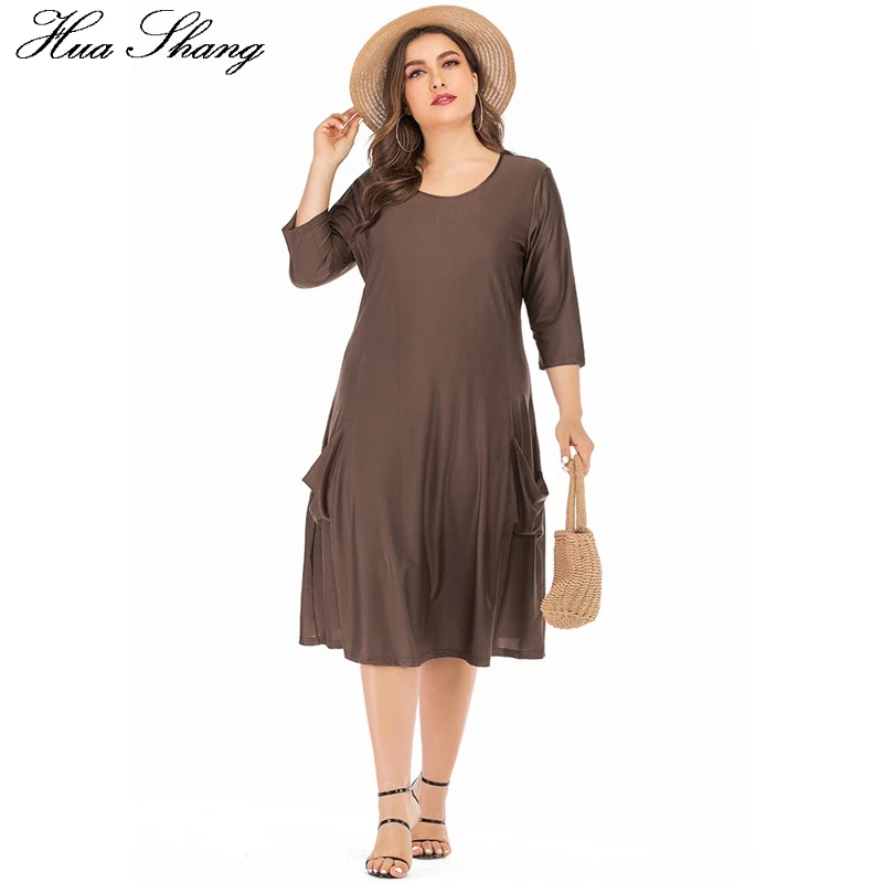 

5XL 6XL Plus Size Loose Oversized Dress Women Summer O Neck Three Quarter Sleeve Solid Casual Dress Pockets Ladies Tunic Dresses
