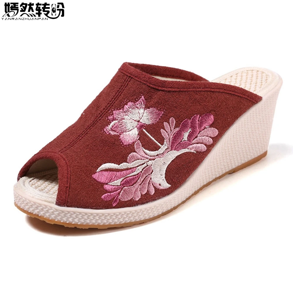 

Vintage Women Distressed Canvas Wedge Slide Clogs Handmade Peep Toe Comfort Retro Summer Embroidered Espadrilles Shoes Woman