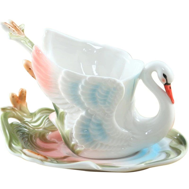 New design Swan Coffee Cup set,Colored enamel porcelain Mug with