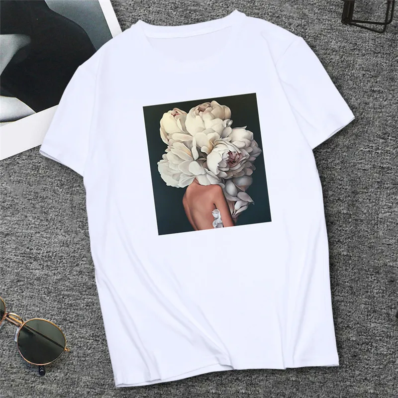 

2019 Sexy Flowers Feather Print tshirt Femme Women Tee Shirt Harajuku T-shirt White Tops Summer Female Clothing