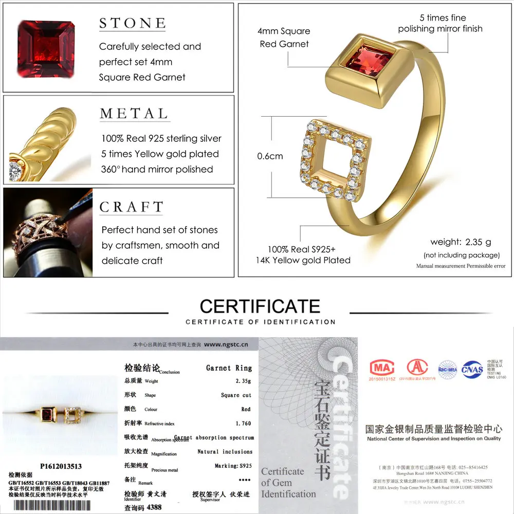 LAMOON S925 Silver Square Rings for Women 0.25ct 100% Natural Red Garnet Gemstone Ring Fine Jewelry Bijoux Wedding Band RI020