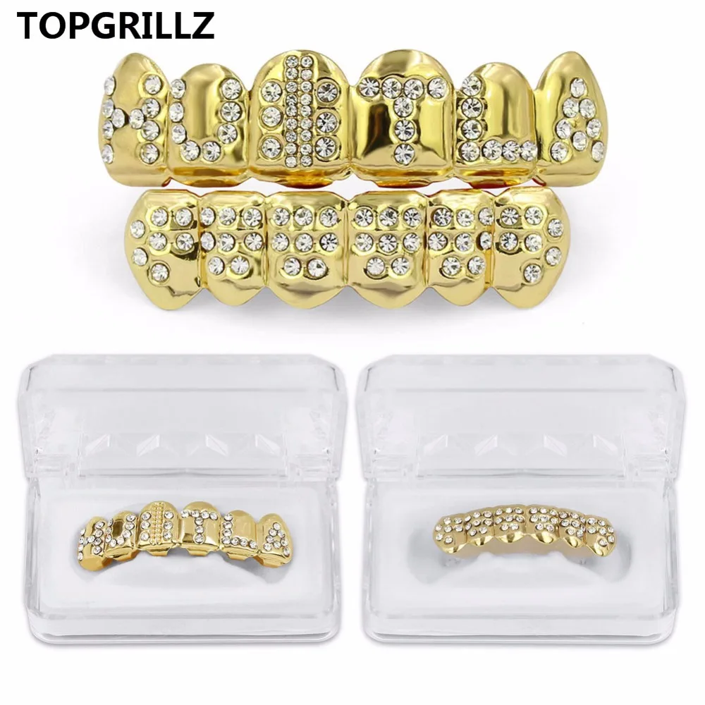 TOPGRILLZ золото цвет покрытием Iced Out письмо CZ камень хип хоп ЗУБЫ для рот GRILLZ шапки Топ и дно грили набор Классический зуб