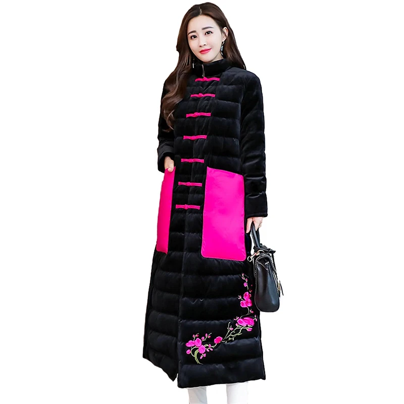 Зимние золотые бархатные парки для женщин винтажный воротник-стойка длинное пуховое хлопковое пальто плюс размер женские куртки с вышивкой