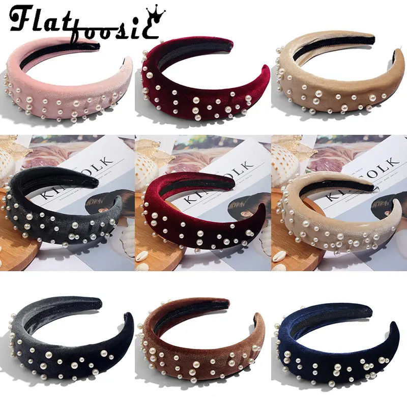 Flatfoosie ручной работы толстые бархатные повязки для женщин аксессуары, лента для волос широкие головные уборы с жемчугом мягкие повязки для волос