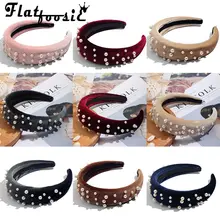 Flatfoosie ручной работы толстые бархатные повязки для женщин аксессуары, лента для волос широкие головные уборы с жемчугом мягкие повязки для волос