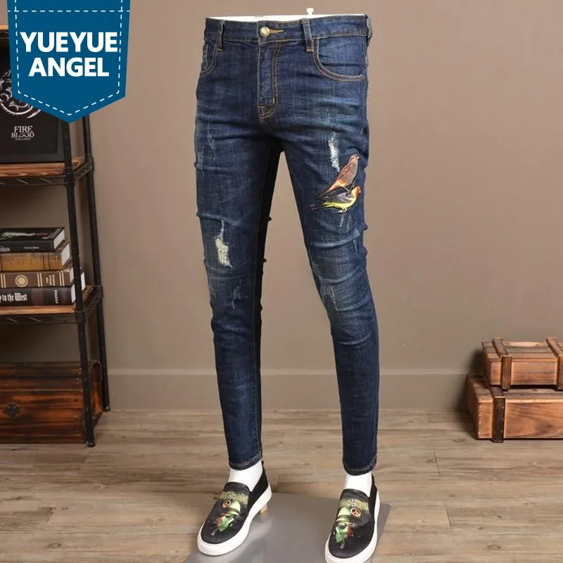 Fashion Mens Hole Ripped Jeans Animal Printing Casual Pants Stretch Slim Denim Pants Men Spring Fall Patchwork Trousers Male