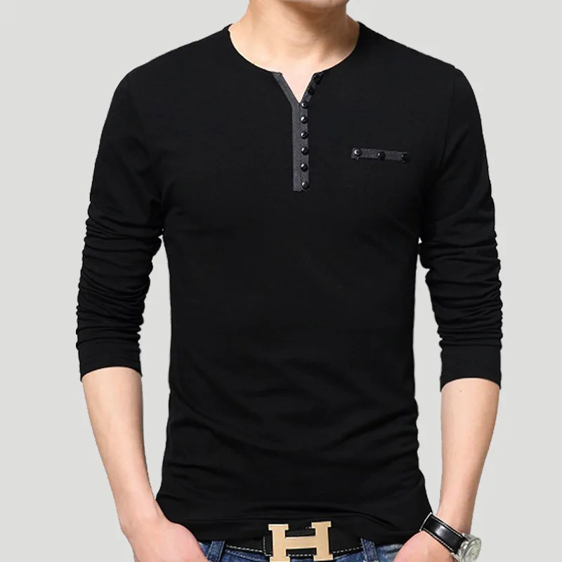 Cotton 100 Button Man Brand Slim Fit Thin Long Sleeve T Shirt Men's