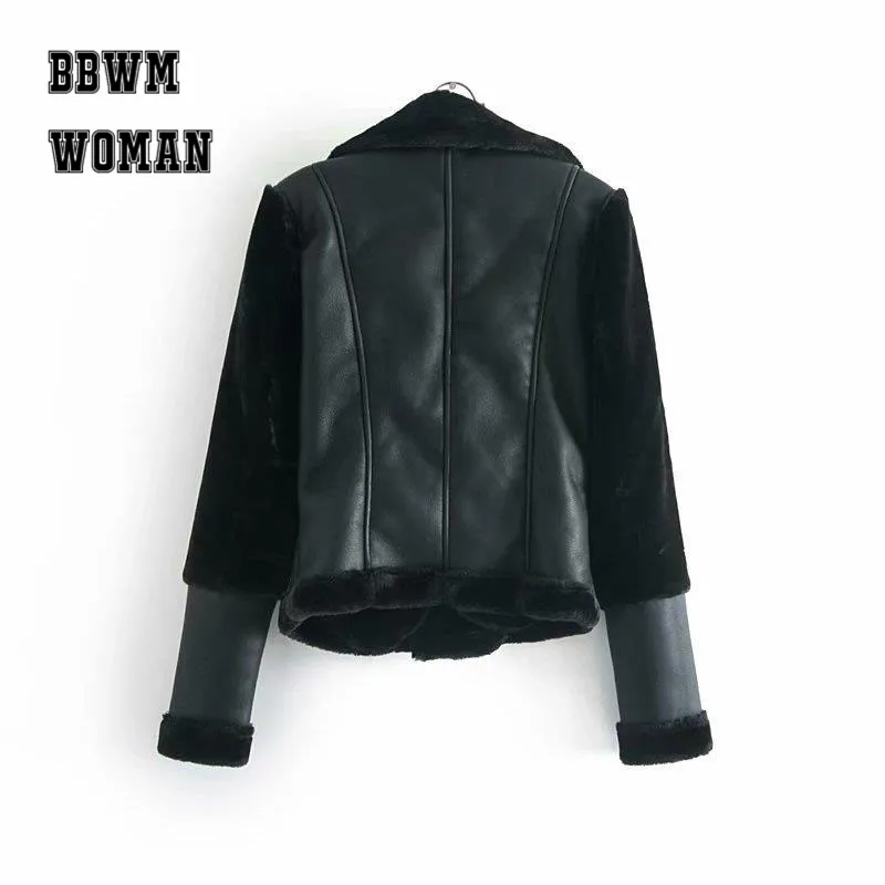 Черная Женская куртка с меховым рукавом из искусственной кожи с меховой подкладкой и отворотами Модное теплое зимнее пальто ZO1405