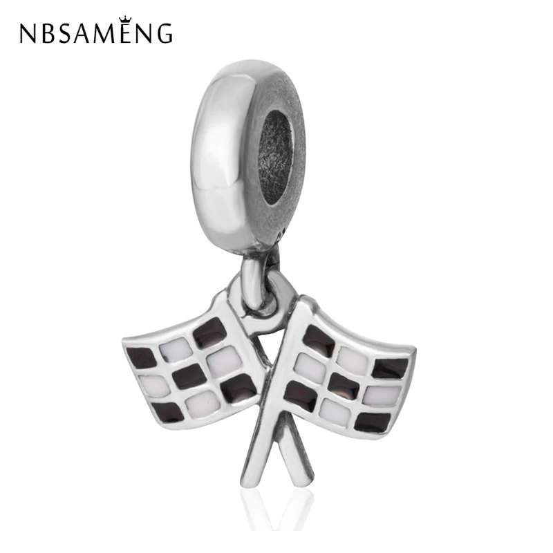 

New 100% 925 Sterling Silver Bead Finish Line Racing Flag Dangle Pendant Charm Fit Pandora Bracelet DIY Jewelry Gifts