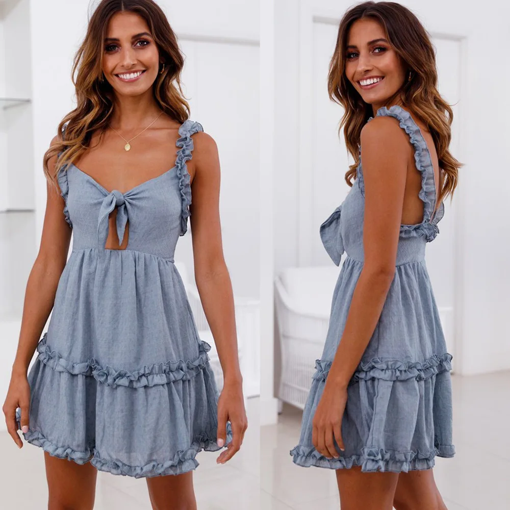 Backless Off Shoulder Ruffles Dresses Sexy V Neck Bow Tie