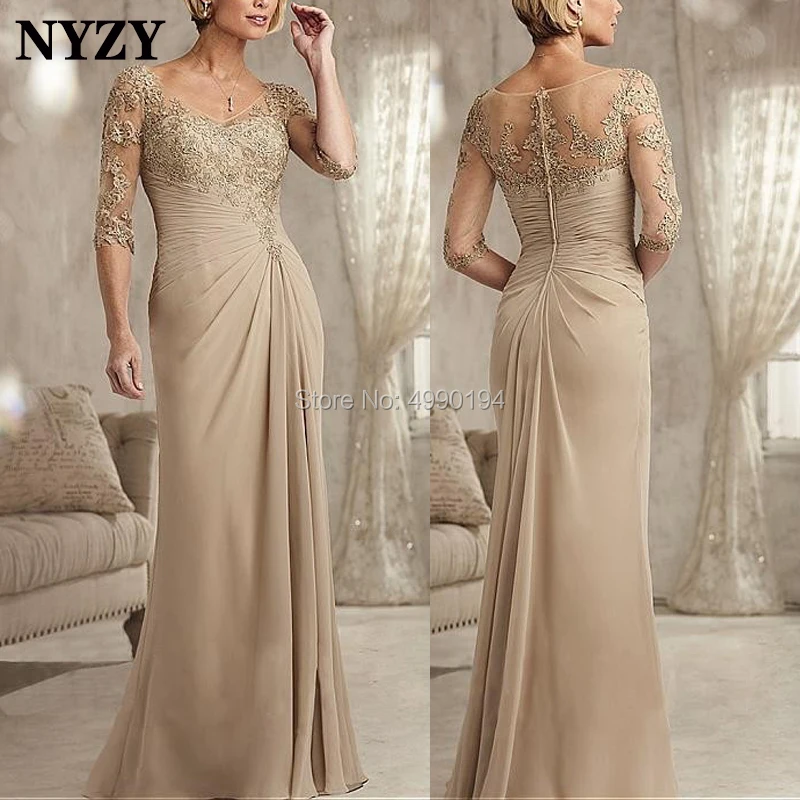 NYZY M145 элегантное платье с v-образным вырезом 1/2 рукава с шифоновым кружевом, длинные платья Вечеринка Шампанское платья для матери невесты
