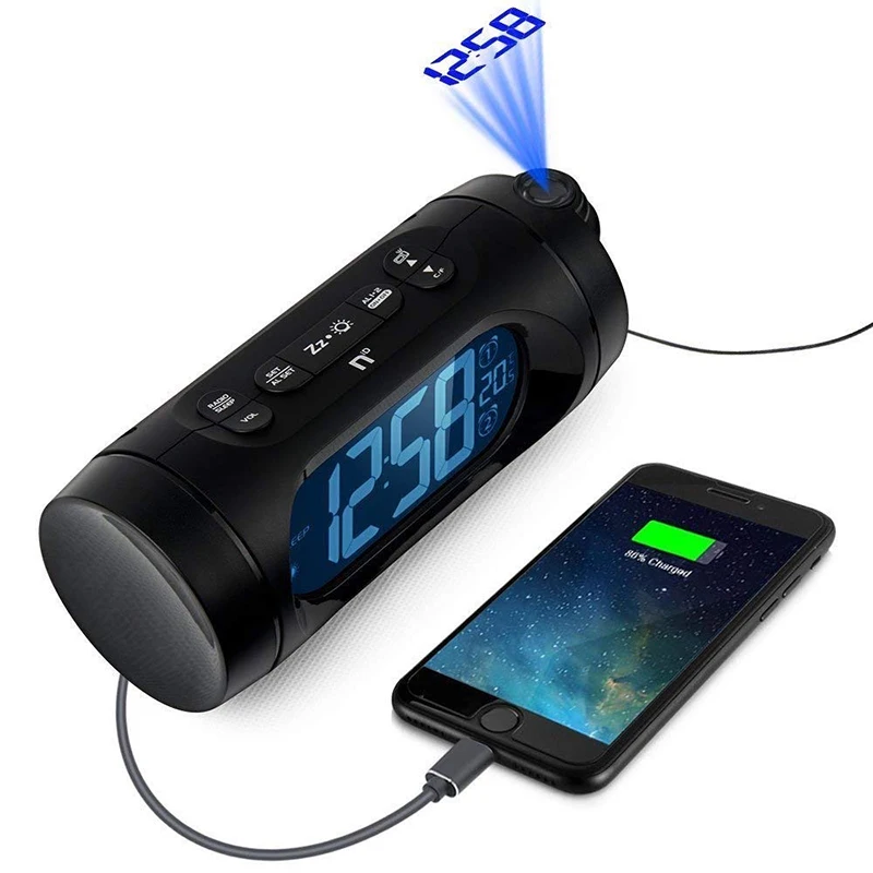 

FM Radio Alarm Clock LED Digital Electronic Desk Table Projector Watch With Night Light Snooze Nixie Clock USB Charging