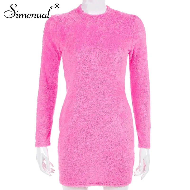 pink Simenual, сексуальное, пушистое, облегающее платье для женщин, осень, модные платья, вечерние, с длинным рукавом, Клубная одежда, пушистое, одноцветное, базовое, мини-платье - Цвет: pink