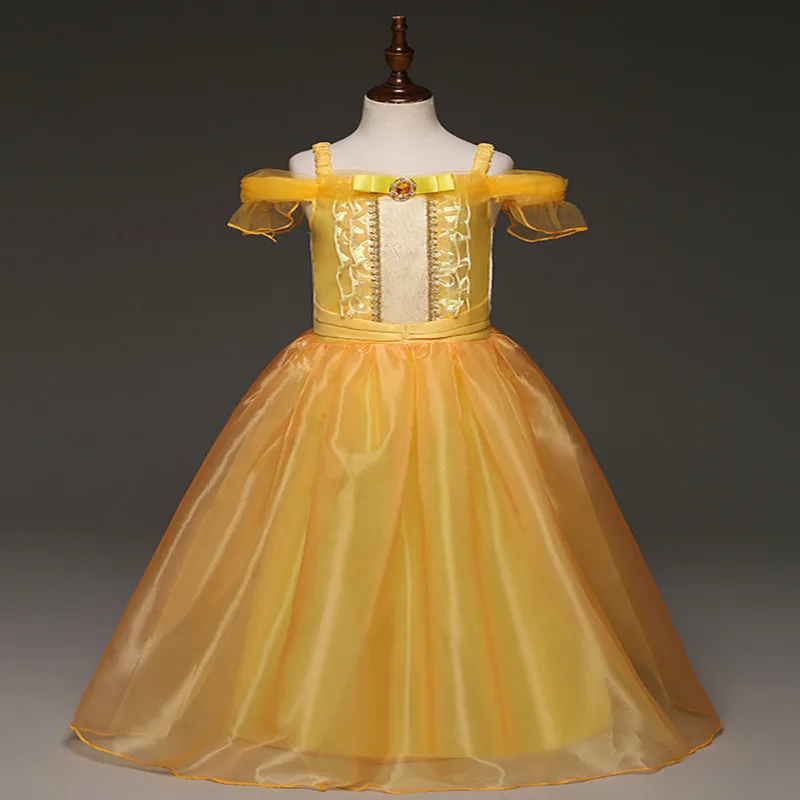 Платье для девочек желтый плечо праздничное платье принцессы Красота и чудовище Belle Косплэй длинными Хэллоуин Мультфильм Необычные платья