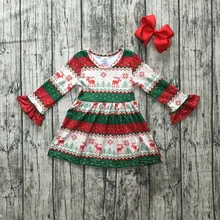 Рождественская детская одежда для девочек; хлопковое осенне-зимнее платье с длинными рукавами и рюшами в стиле ацтекского оленя из молочного шелка; Эксклюзивное платье с бантом
