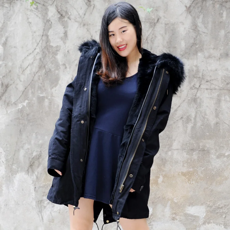 

CX-G-P-07C 2017 New Women's Black Loose Raccoon Fur Collar Hooded Long Coat Parkas Outwear Rex Rabbit Fur Lining Winter