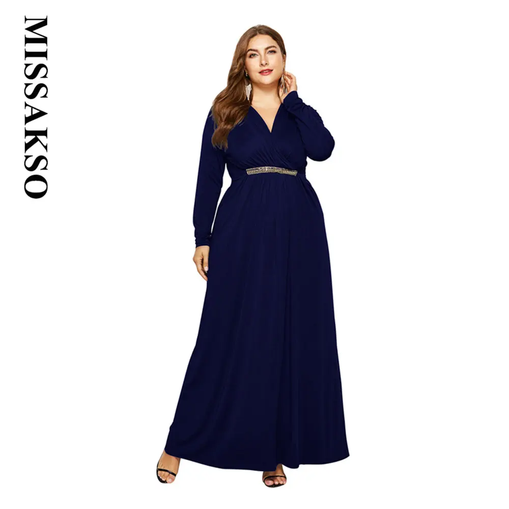 Missakso الربيع الخريف عميقة V الرقبة خط ماكسي الإناث عارضة أنيقة حزب حفلة موسيقية عالية الخصر حجم كبير جديد الأبيض الأزرق مثير اللباس