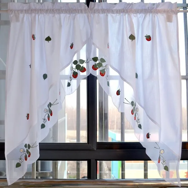 Buy Strawberry embroidered decorative curtains short kitchen curtain white swag