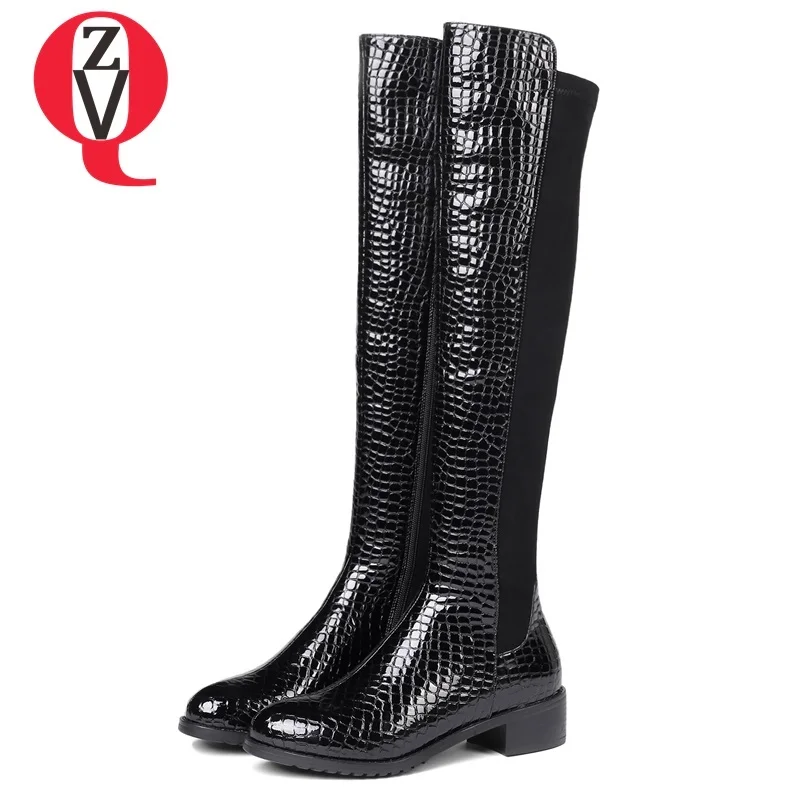 

ZVQ hot sale 2018 winter new concise casual microfiber med square heel platform round toe zipper black outside over knee boots