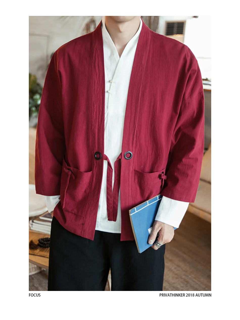 Sinicism Store Cotton Linen Shirts Men Kimono Traditional Open Stitch Shirt Belt Pocket Male Three Quarter Sleeve Shirt Harajuku